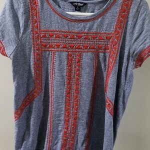 Lucky Brand Gray and Orange Embroidered Short Sleeve Blouse